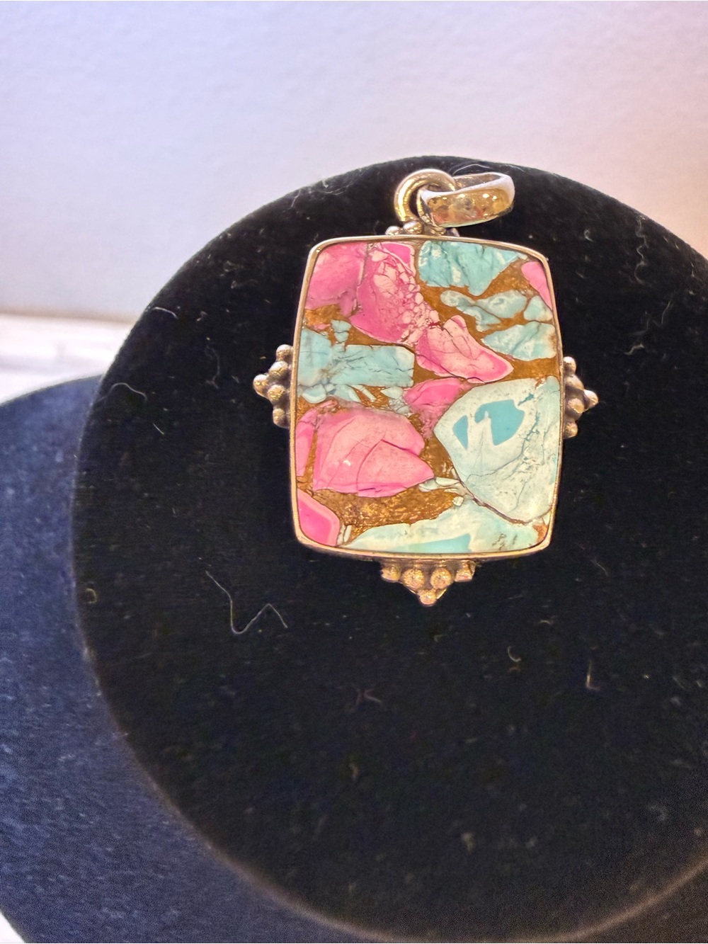 Pink and Turquoise Inlay Pendant Necklace - Unbranded